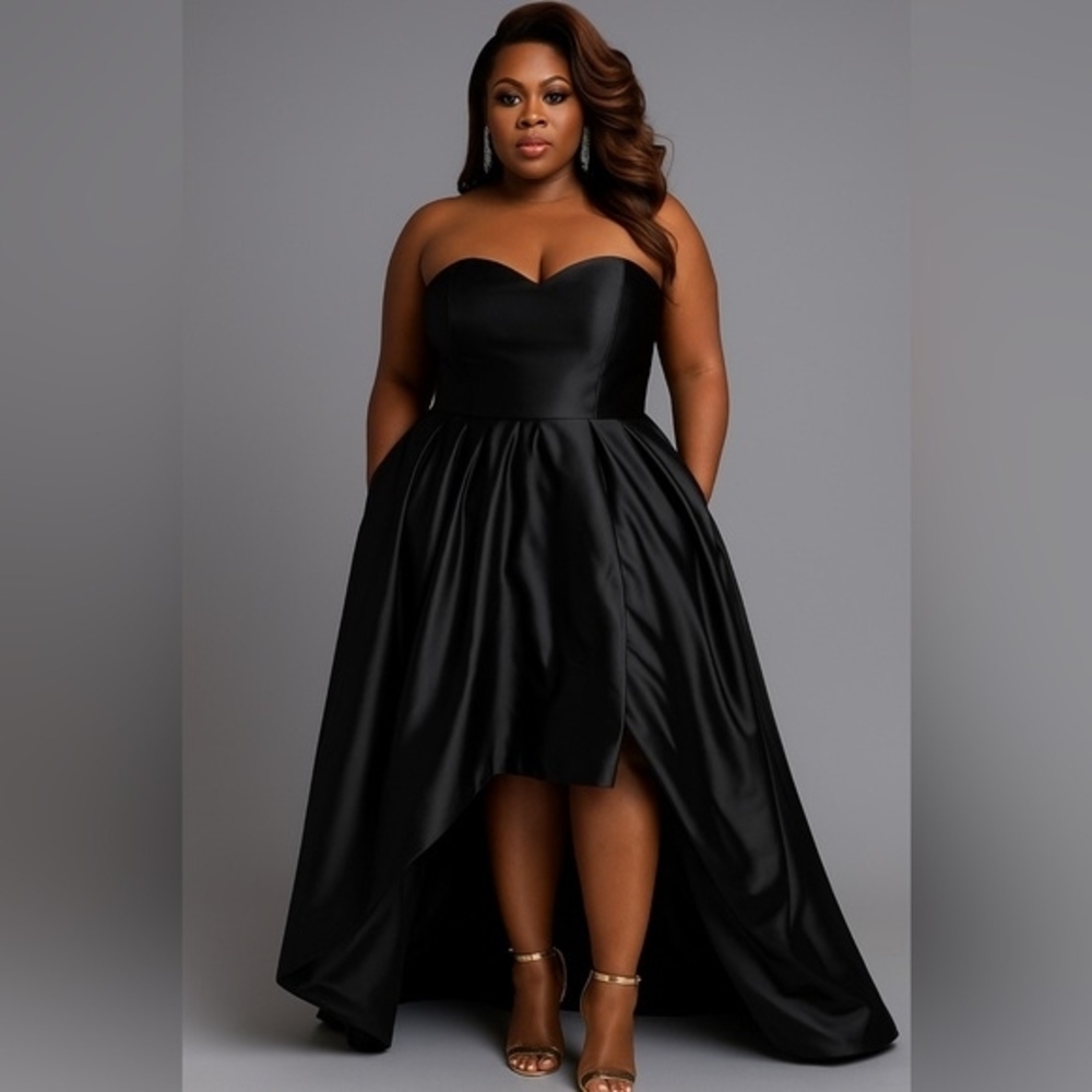 Pocket Split High Low Maxi Strapless Black Dress